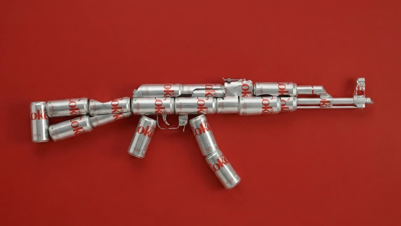 A rifle assembled entirely from Diet Coke cans, laid flat on a red backdrop.