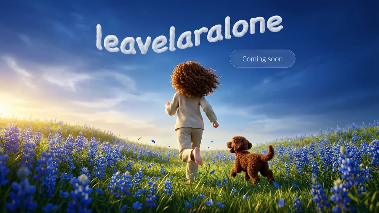 A girl running through a field of bluebonnets with a small dog, the word leavelaralone written in cloud above her.
