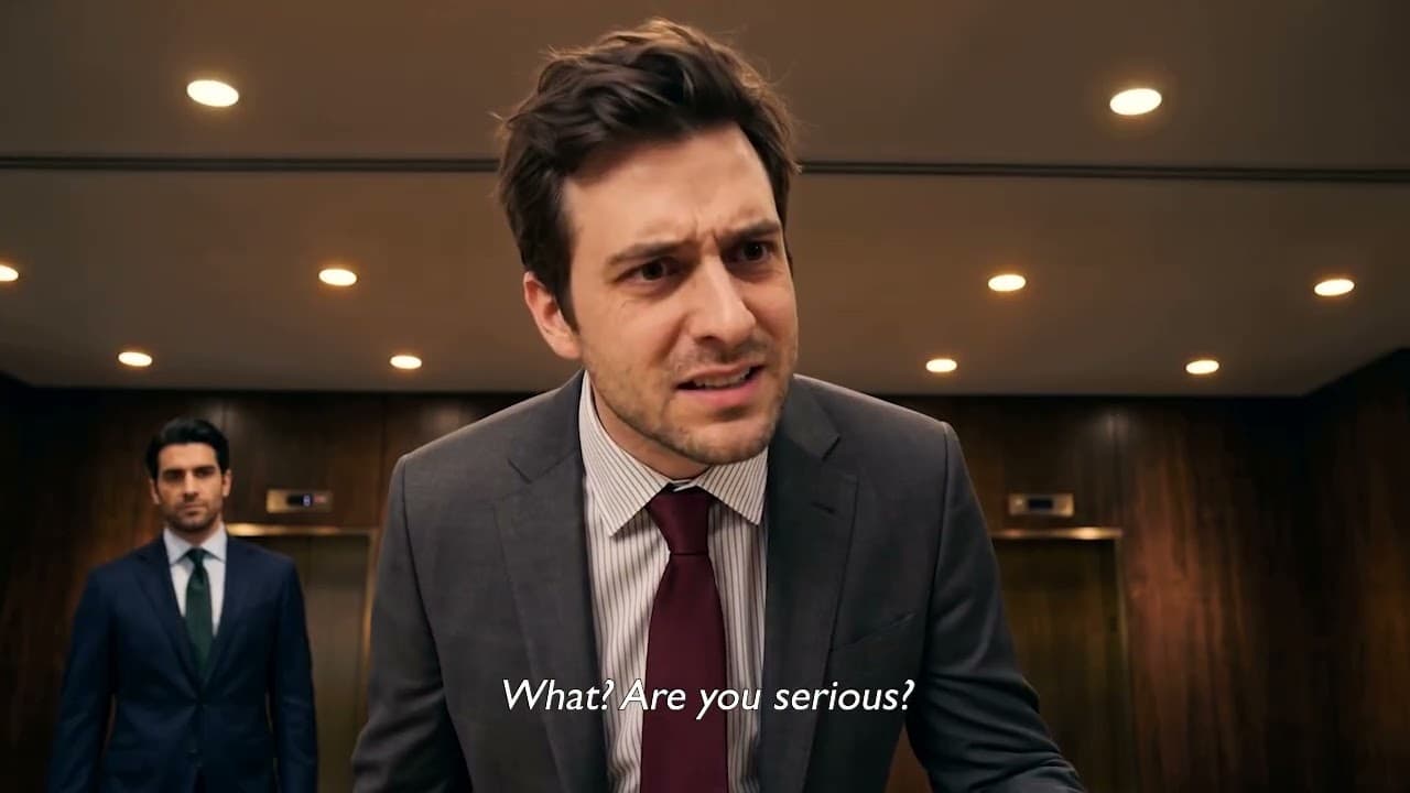 A man in a suit in an office lobby, mid-sentence, looking unconvinced.
